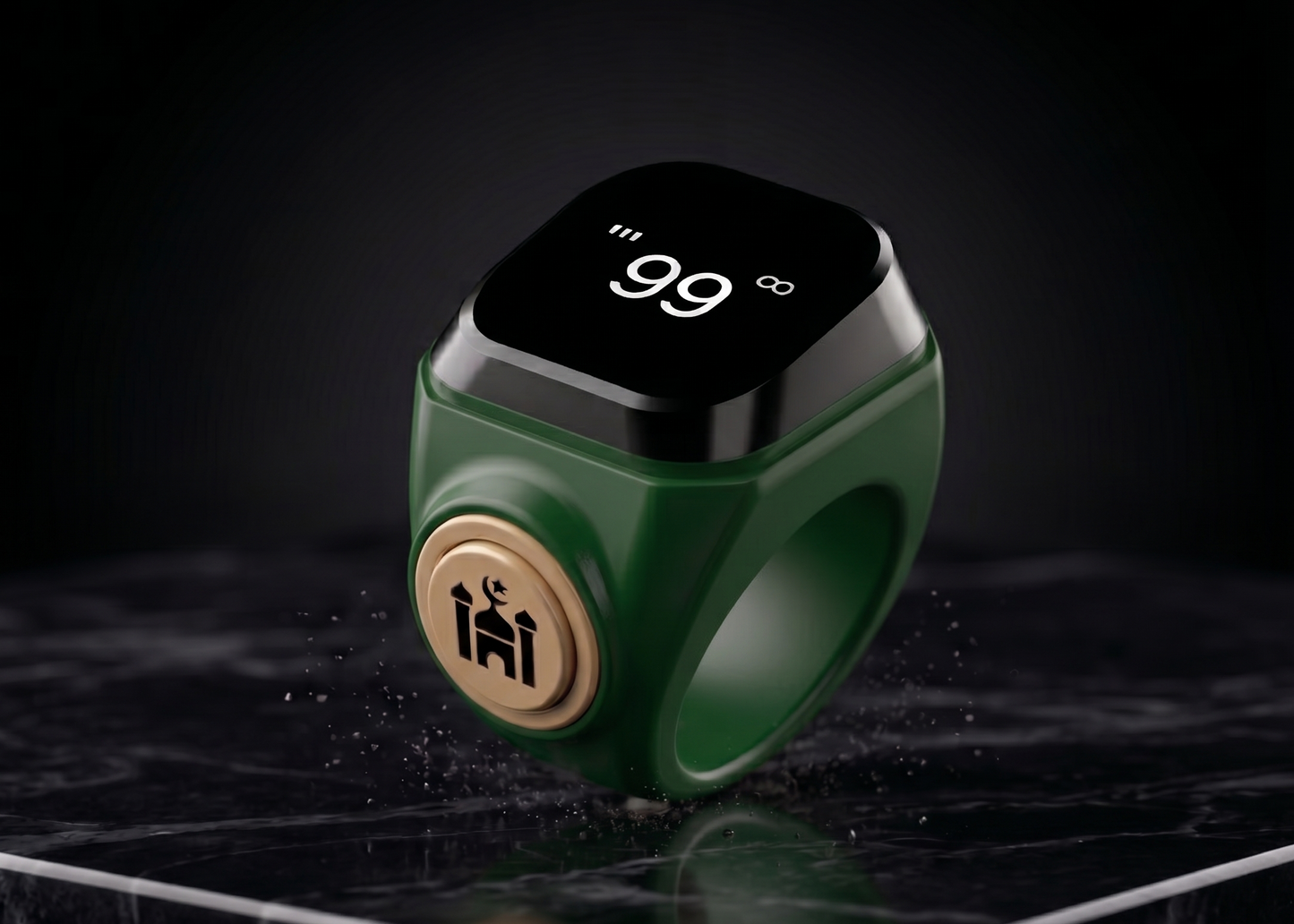 Qamar ring in green with black screen displaying numbers, stylish design for modern jewelry enthusiasts.