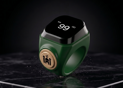 Qamar ring in green with black screen displaying numbers, stylish design for modern jewelry enthusiasts.
