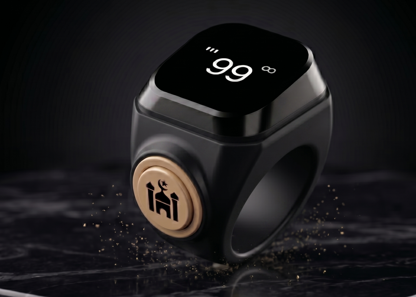 Qamar ring showcasing a stylish black design with a gold accent, perfect for any jewelry collection.
